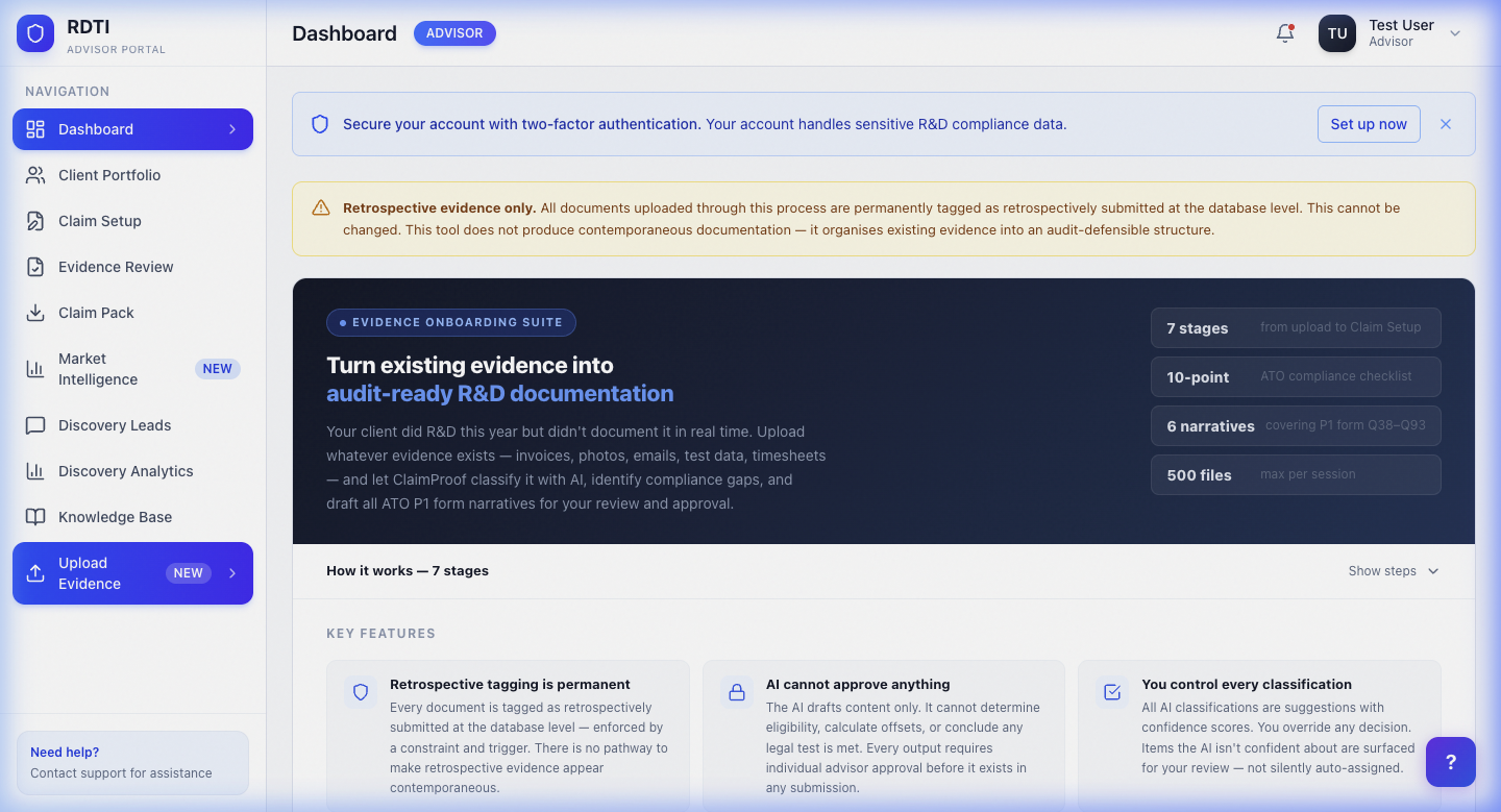 Dossio Evidence Onboarding dashboard turning existing evidence into audit-ready R&D documentation